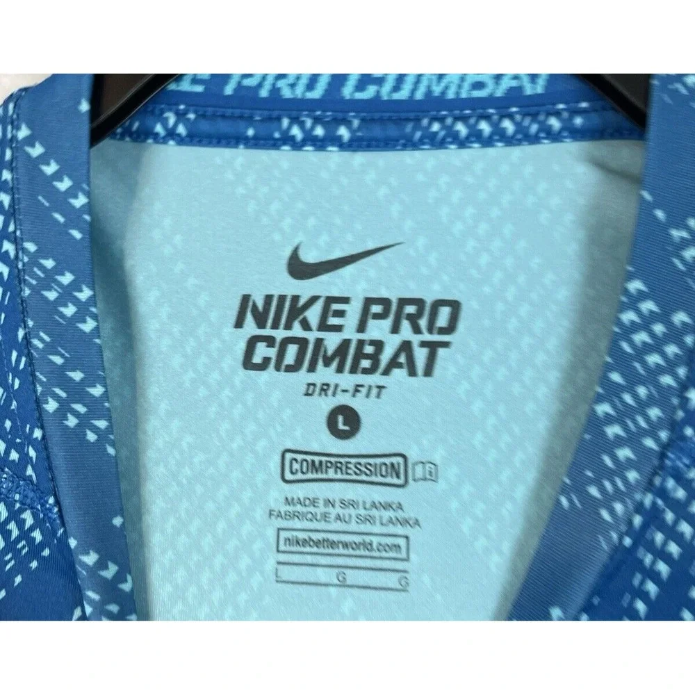 Nike Pro Combat TEE Men Large Blue Regular DRI FIT Compression Lightweight Gym